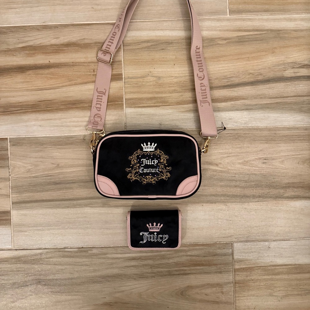 Juicy Couture Black Velour Crossbody Bag and Card Case Set Pink Trim Crest Logo